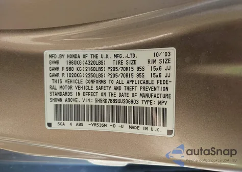 2004 Honda Cr-V Ex z USA, uszkodzony, nr VIN SHSRD78894U206903